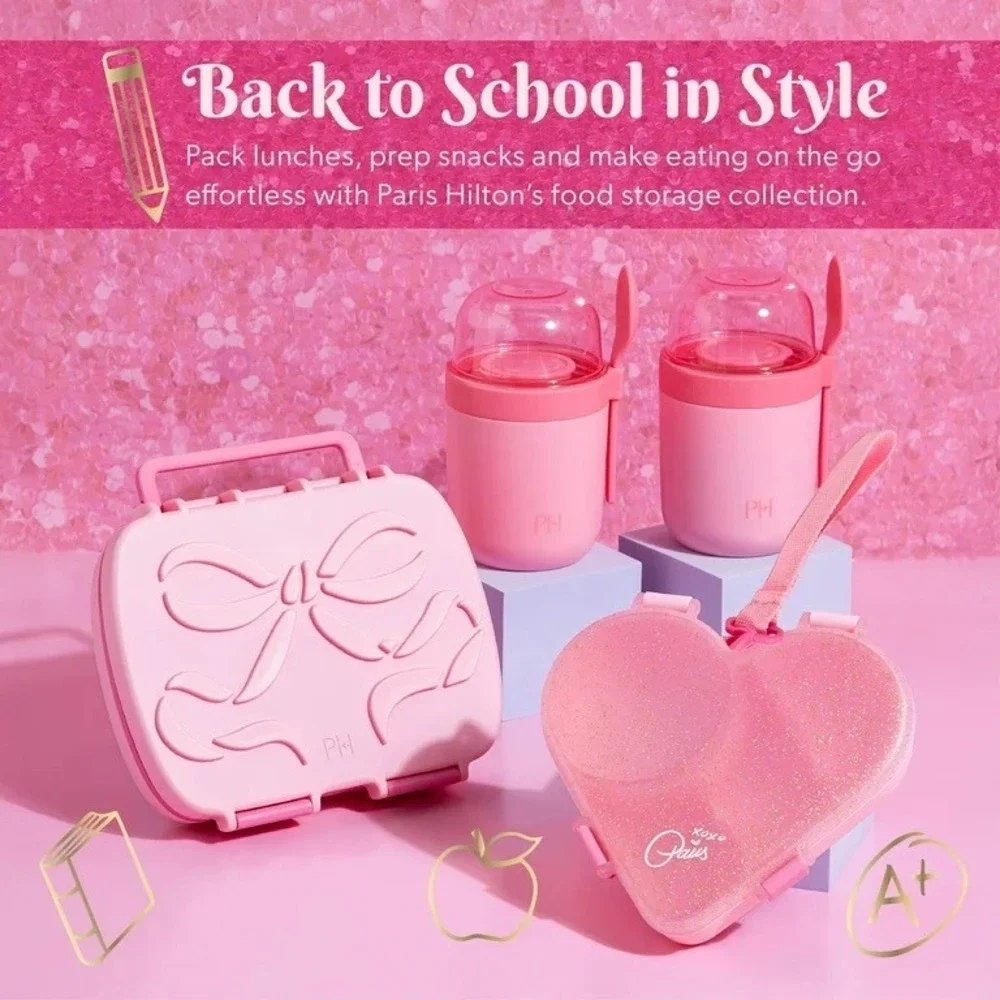Paris Hilton Pink‎ Heart Bento Snack Box – Glitter Lid, Phone Stand, Bow NWT